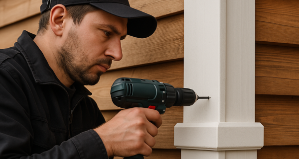 Carpenter Electrician installing corner boxes on a wooden structure with an electric screwdriver