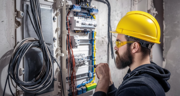 A male electrician works in a switchboard with an electrical connecting cable, connects the equipment with tools.