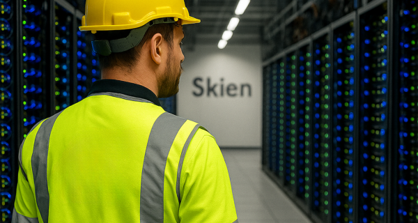 An electrician in a yellow hard hat and high-vis shirt looks into a server room of a data center. "Skien" (the location of the data center) is written on the rear wall.